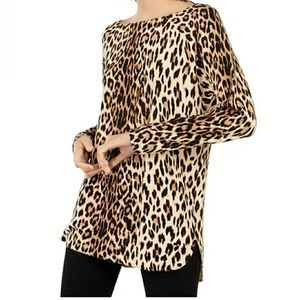 INC Animal Print Shirttail Long Sleeve Sweater